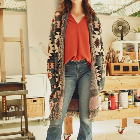 Tribal Print Aztec Fringe Detail Red Brick  Oversized Cardigan - Picture 8 of 9